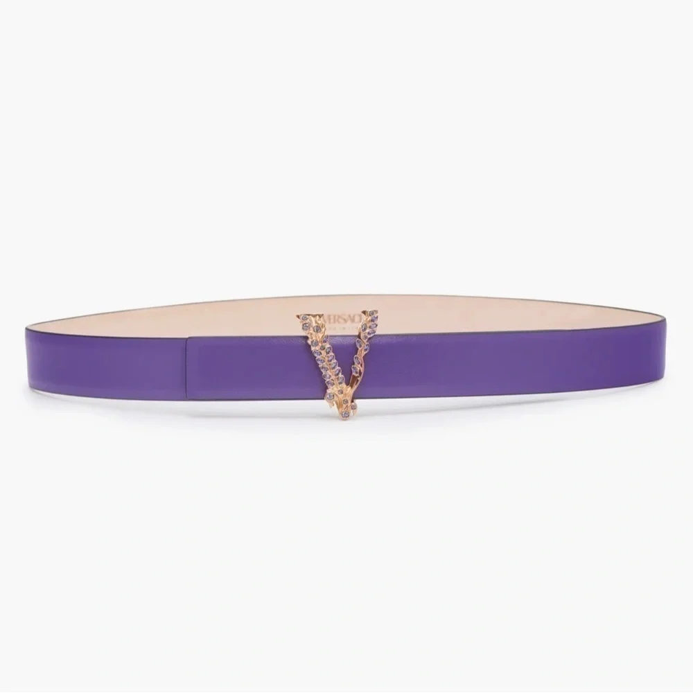 VERSACE Virtus Crystal Buckle Leather Belt - Purple gold tone logo plaque